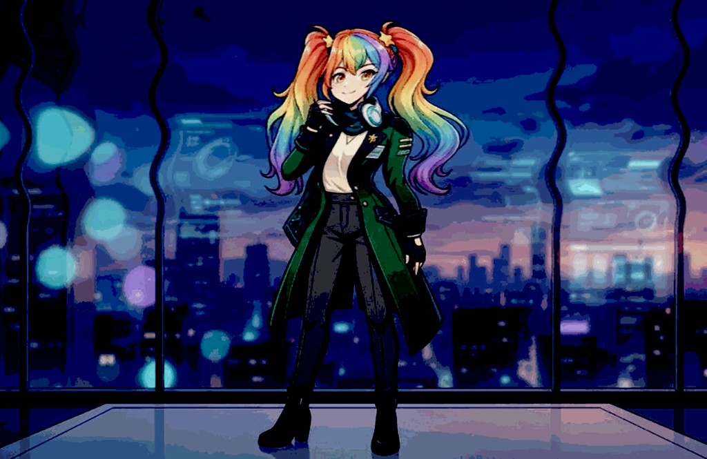 Janet — rainbow twin-tails, green coat, headphones, in a soft neon cityscape.